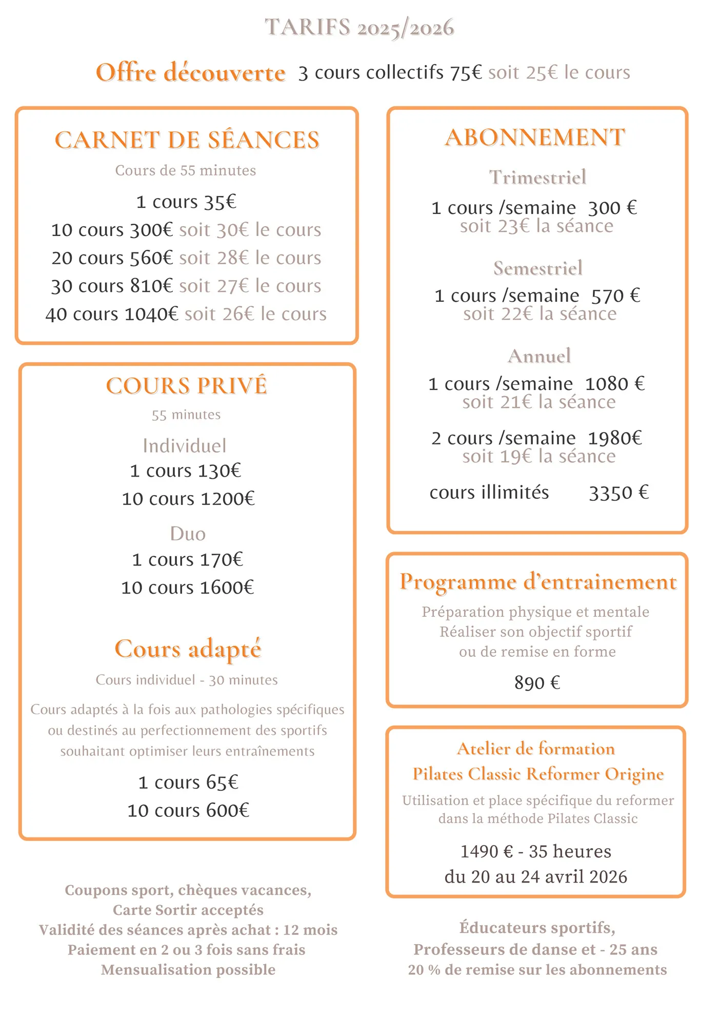 Tarifs MSC Pilates